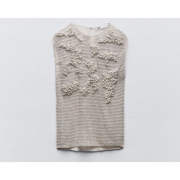 ZARA KNITWEAR TOP WITH FAUX PEARLS LIMITED EDITION LIGHT GREY S M REF. 7521/107 - Picture 4 of 12
